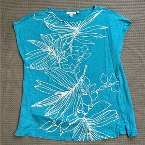 Chico’s 100% Linen Tee Shirt Top 1 (Medium) Blue With Palm Floral Graphic